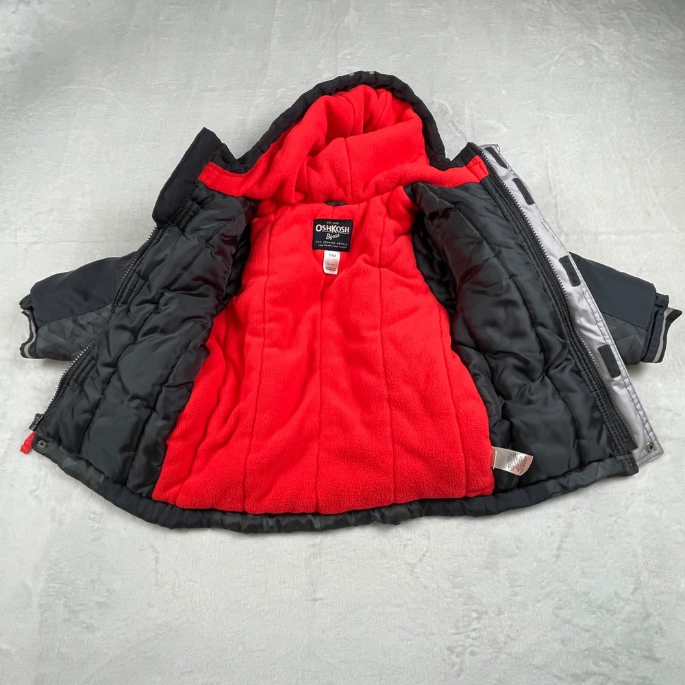 OshKosh Bgosh Toddler Boys Black Geometric Puffer Jacket Red Fleece Lined 24M - Picture 4 of 8